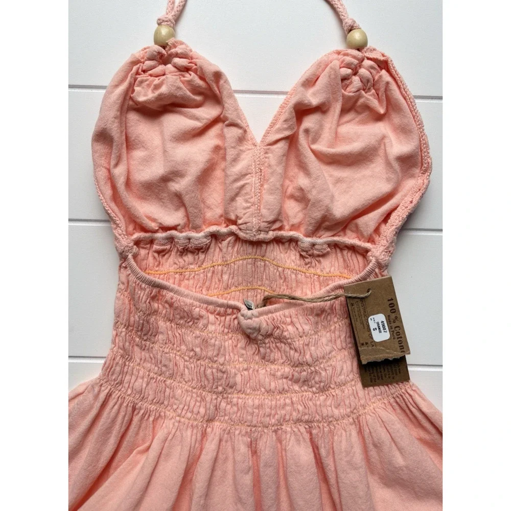 Blanco Coral Pink Crochet Lace Halter Mini Dress Size S Smocked Boho Cottagecore - Picture 8 of 12